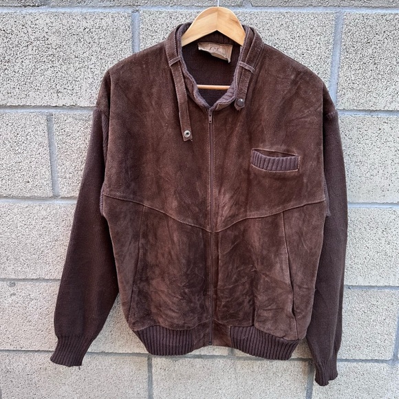 Other - Vintage Brown Suede Cowhide Leather Moto Jacket Zip Ribbed Men’s XL